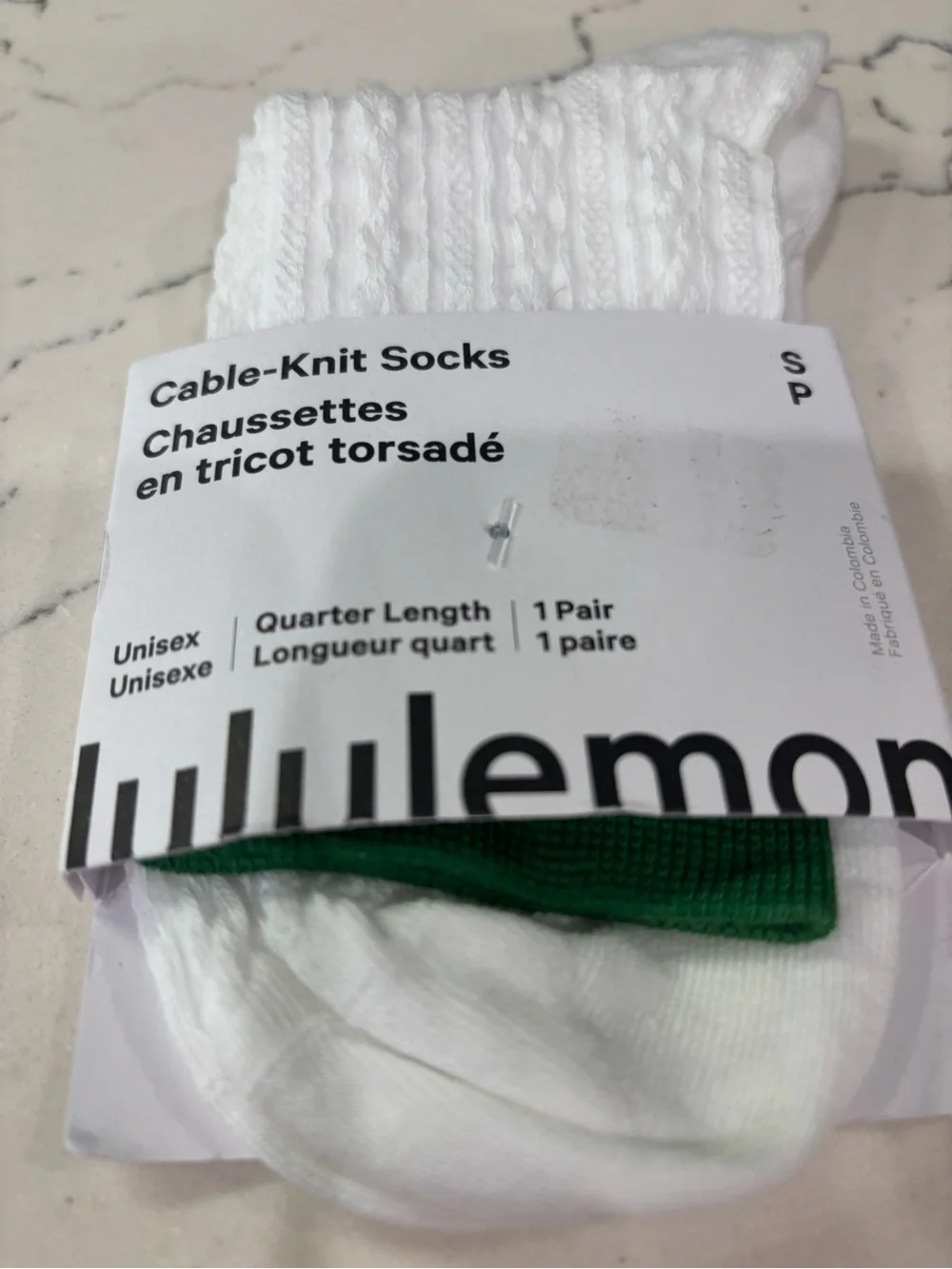 lululemon Cable-Knit Quarter Socks in White w/ Green Strip Accent Small NWT